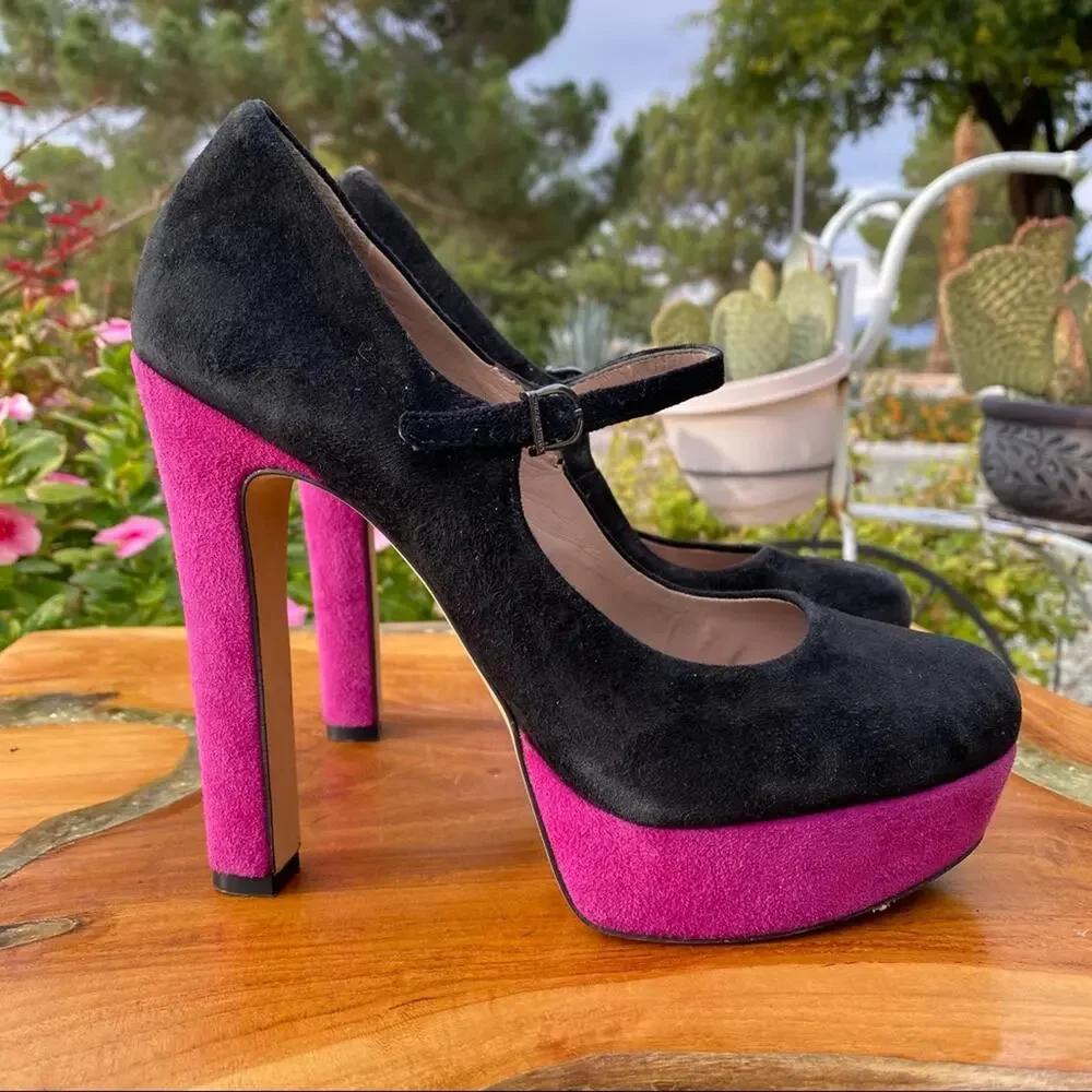 VINCE CAMUTO Black and Purple Suede Mary Jane Platform Pump Heel Size 6